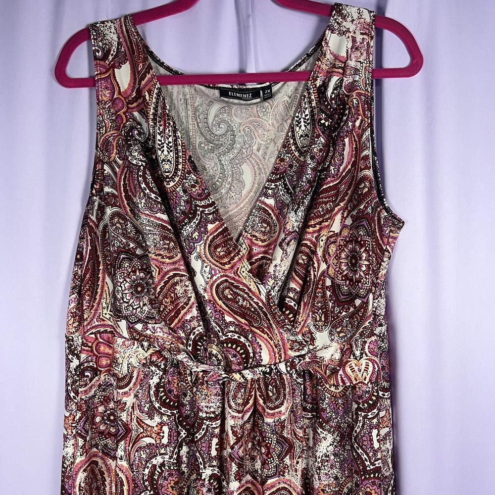 Elementz Pink Multicolored Paisley Maxi Dress Size 2X V-Neck Summer Flowy Boho